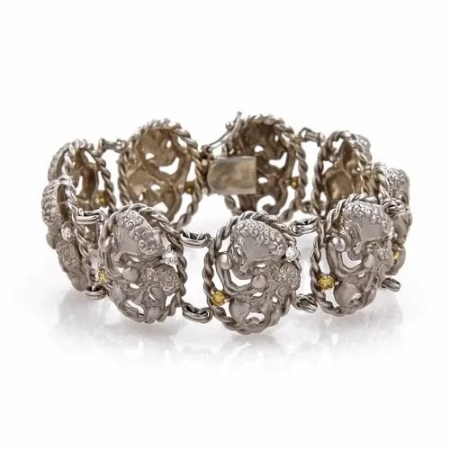 GOLD HAPPY SAD FACE BRACELET YELLOW & WHITE DIAMOND 14K WHITE GOLD OVAL LINK (1 of 2)
