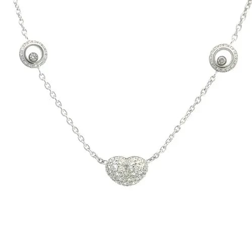 CHOPARD HAPPY DIAMOND GOLD NECKLACE 18K WHITE PAVE SET PUFF HEART BOX: CHOPARD HAPPY DIAMOND GOLD NECKLACE 18K WHITE PAVE SET PUFF HEART BOX This magnificent necklace is by Chopard from the Happy Diamond Collection. It is an elegant and luxurious piece of fine jewelry fe