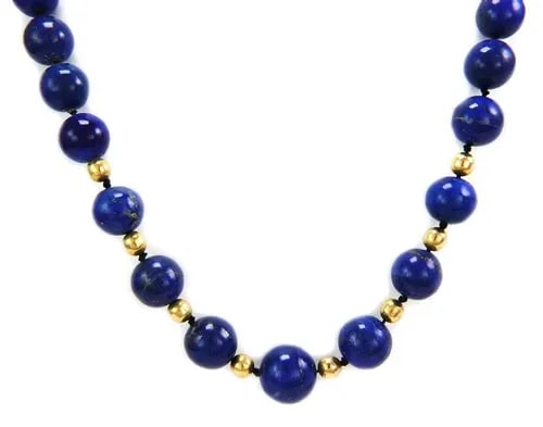 TIFFANY & CO. LAPIS NECKLACE 18K YELLOW GOLD 10-17MM GRADUATED BEADS: TIFFANY & CO. LAPIS NECKLACE 18K YELLOW GOLD 10-17MM GRADUATED BEADS Tiffany & Co. Vintage 18k Yellow Gold 10-17mm Graduated Lapis Bead Necklace Description This is an authentic vintage necklace from 