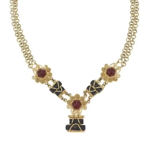 ESTATE 18K YELLOW GOLD RUBY ONYX FANCY PENDANT & CHAIN NECKLACE (1 of 2)