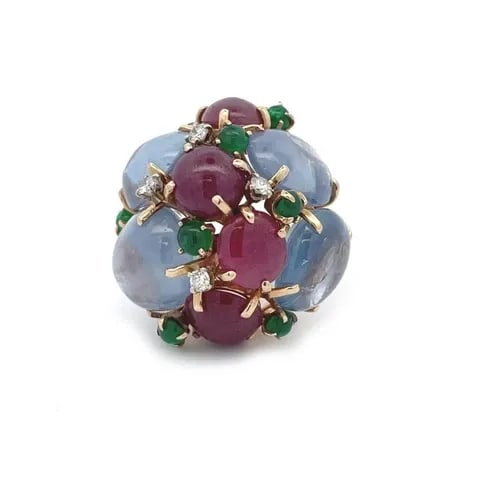 RING DIAMONDS & GEMSTONES 13K YELLOW GOLD LARGE DOME VINTAGE (1 of 2)