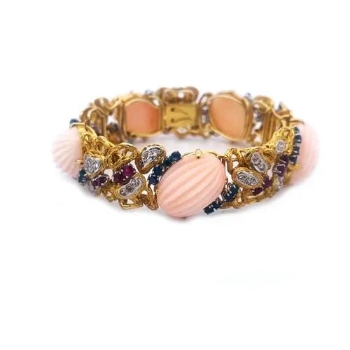 DIAMOND GOLD CORAL BRACELET GEMSTONE 14K TWO TONE FANCY LINK (1 of 2)