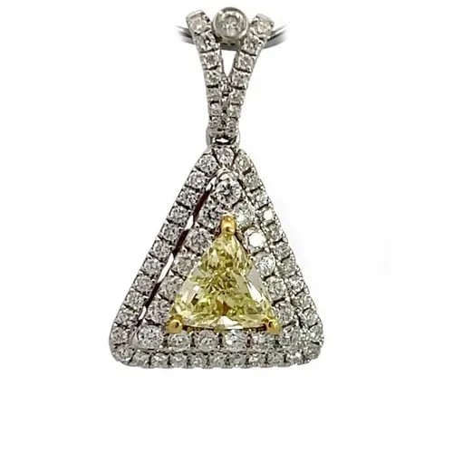 FANCY YELLOW DIAMOND PENDANT 18K GOLD TRIANGLE WHITE HALO DESIGN GIA CERT: FANCY YELLOW DIAMOND PENDANT 18K GOLD TRIANGLE WHITE HALO DESIGN GIA CERT This stunning pendant is crafted from 18k white gold with a split shaped bail set with white diamonds. Dangling below is a tri