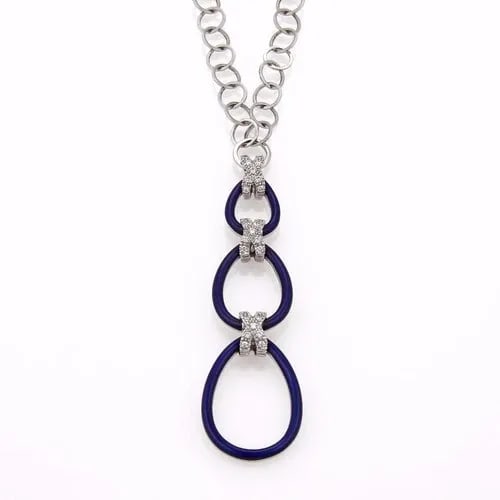 FABERGE DIAMOND GOLD NECKLACE 18K WHITE ENAMEL TRIPLE LOOP PENDANT: FABERGE DIAMOND GOLD NECKLACE 18K WHITE ENAMEL TRIPLE LOOP PENDANT The Faberge Diamond Gold Necklace is a stunning piece of fine jewelry that features a unique triple loop pendant design in blue ename