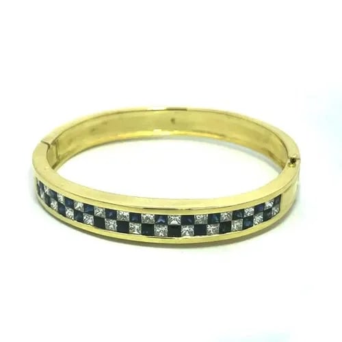 DIAMOND SAPPHIRE BRACELET 18K 4.5CT PRINCESS CUT GOLD HINGED BANGLE (1 of 2)