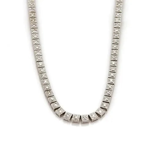 DIAMOND NECKLACE 14K WHITE GOLD MILGRAIN SQUARE LINK TENNIS NECKLACE: DIAMOND NECKLACE 14K WHITE GOLD MILGRAIN SQUARE LINK TENNIS NECKLACE This 14k white gold milgrain square link tennis necklace features a row of round-cut natural diamonds, creating a stunning display 
