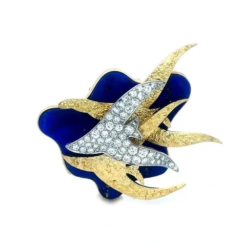 DIAMOND LAPIS GOLD BROOCH VINTAGE 18K & PLATINUM BIRD DESIGN (1 of 2)