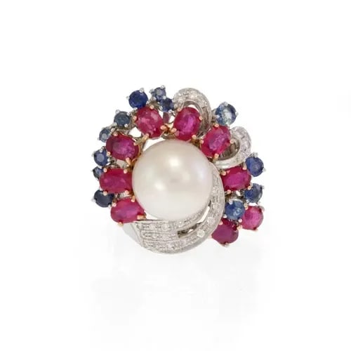 DIAMOND RING GEMSTONES & PEARL 14K WHITE GOLD COCKTAIL RING (1 of 2)