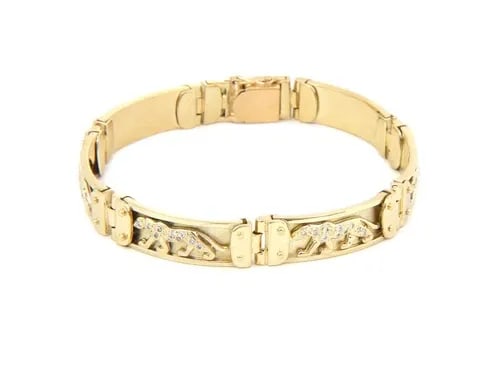 DIAMOND 14K YELLOW GOLD PANTHER BAR LINK 10MM WIDE BRACELET 8.5" LONG: DIAMOND 14K YELLOW GOLD PANTHER BAR LINK 10MM WIDE BRACELET 8.5" LONG Estate 14k Yellow Gold Diamond Panther Bar Link Bracelet 8.5" Long Description This is a bold bracelet, crafted from 14k yellow go