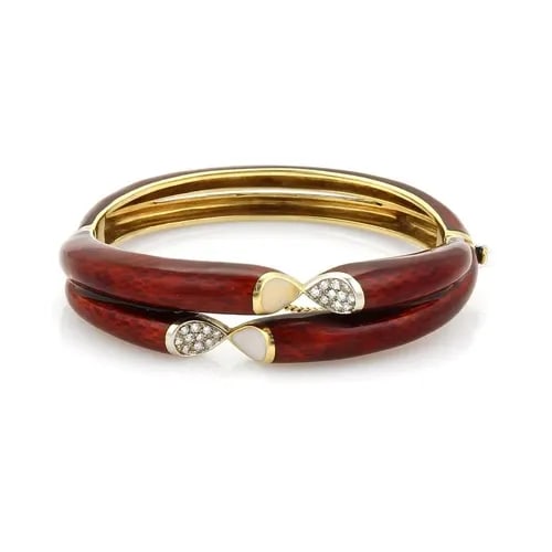 DIAMOND ENAMEL GOLD BRACELET 18K YELLOW RED GUILLOCHE DOUBLE STACK BANGLE: DIAMOND ENAMEL GOLD BRACELET 18K YELLOW RED GUILLOCHE DOUBLE STACK BANGLE This is an eye-catching red enamel bracelet, it is crafted from 18k yellow gold with a double long bar style adorned with dark