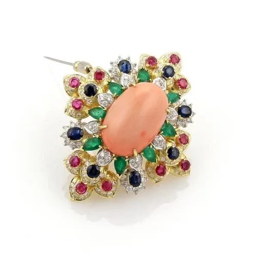 DIAMOND & GEMS GOLD PENDANT/PIN 18K YELLOW LARGE FLORAL STYLE: DIAMOND & GEMS GOLD PENDANT/PIN 18K YELLOW LARGE FLORAL STYLE This is a stunning work of art featuring an 18k yellow and white gold large brooch or pin. It has a four-tier set with layers of leaves an