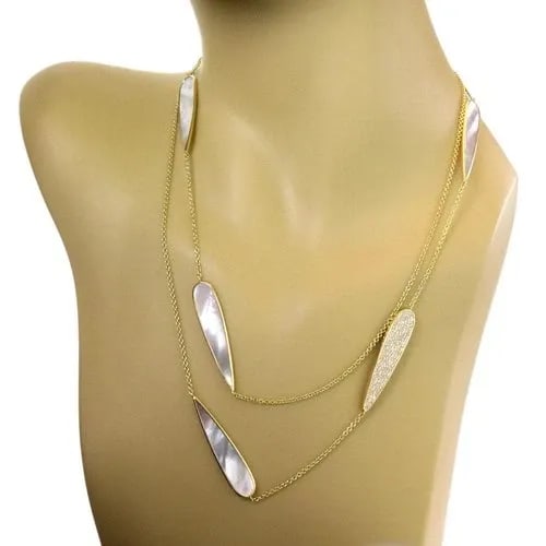 IPPOLITA DIAMOND & MOP NECKLACE 18K GOLD 40" LONG: IPPOLITA DIAMOND & MOP NECKLACE 18K GOLD 40" LONG The Ippolita Diamond & Mother of Pearl Necklace is a stunning piece of fine jewelry crafted from 18k yellow gold. This 40" long chain necklace feature