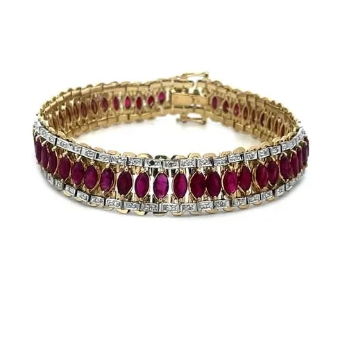 RUBY DIAMOND GOLD BRACELET 18K TWO TONE WIDE MARQUISE FLEX LINK (1 of 2)