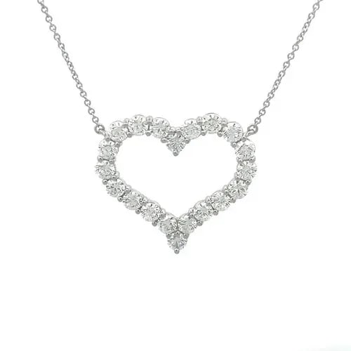 TIFFANY & CO. DIAMOND HEART NECKLACE PLATINUM PRONG SET OPEN STYLE BOX: TIFFANY & CO. DIAMOND HEART NECKLACE PLATINUM PRONG SET OPEN STYLE BOX The product is a stunning Tiffany & Co. diamond necklace featuring a gorgeous open style curved shape heart with prong set natura