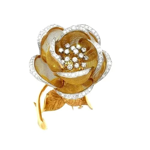 DIAMOND GOLD FLOWER BROOCH MOVABLE MESH PETALS 18K TWO TONE FRANCE (1 of 2)