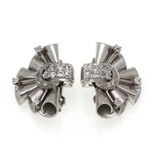 RETRO 2.00CT DIAMOND 14K WHITE GOLD FANCY FLORAL POST CLIP EARRINGS (1 of 2)