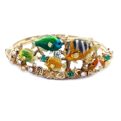 KABANA DIAMOND GOLD BRACELET 18K YELLOW ENAMEL TROPICAL SEA LIFE BAND: KABANA DIAMOND GOLD BRACELET 18K YELLOW ENAMEL TROPICAL SEA LIFE BAND This is a charming bracelet by Kabana, an American luxury jewelry house, known for its specialized inlay and detailed figural enam