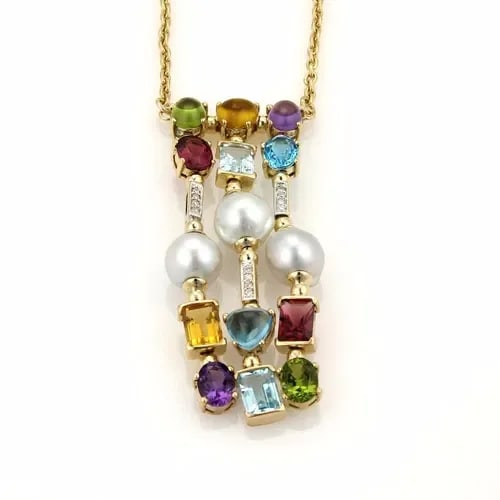 DIAMOND & GEMS GOLD NECKLACE 18K YELLOW ESTATE DANGLE PENDANT: DIAMOND & GEMS GOLD NECKLACE 18K YELLOW ESTATE DANGLE PENDANT This Estate necklace features a stunning drop pendant with diamonds, pearls, and multi-color gems set in 18k yellow gold. The pendant is 1