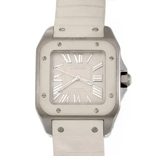 CARTIER SANTOS 100 AUTOMATIC STEEL WHITE RUBBER BAND MIDSIZE WATCH 2878: CARTIER SANTOS 100 AUTOMATIC STEEL WHITE RUBBER BAND MIDSIZE WATCH 2878 Cartier Santos 100 Automatic Steel White Rubber Band Midsize Watch 2878 Description This is an authentic automatic midsize wrist