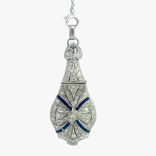 70527 ART DECO PLATINUM WATCH PENDANT DIAMOND 18K WHITE GOLD CHAIN (1 of 2)