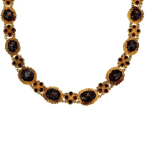 ANTIQUE GEORGIAN GARNET GOLD NECKLACE 17K YELLOW FLORAL LINK COLLAR NECKLACE: ANTIQUE GEORGIAN GARNET GOLD NECKLACE 17K YELLOW FLORAL LINK COLLAR NECKLACE Vintage Garnet 17k Yellow Gold Floral Link Collar Necklace Description This vintage necklace is crafted from 17k yellow gol