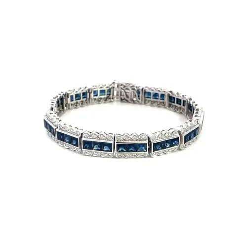 DIAMOND SAPPHIRE GOLD BRACELET 18K WHITE RECTANGLE FLEX LINKS (1 of 2)