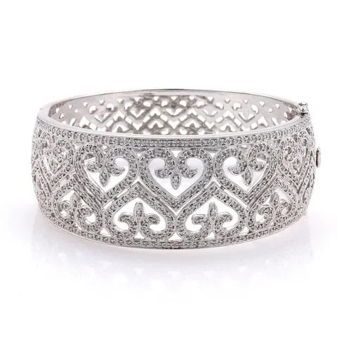 DIAMONDS GOLD BRACELET FILIGREE 1.80CT 14K WHITE WIDE HEART DESIGN PAVE SET (1 of 2)