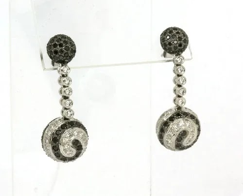 DIAMOND BLACK & WHITE GOLD EARRINGS 18K WHITE SWIRL DESIGN DANGLE STYLE (1 of 2)