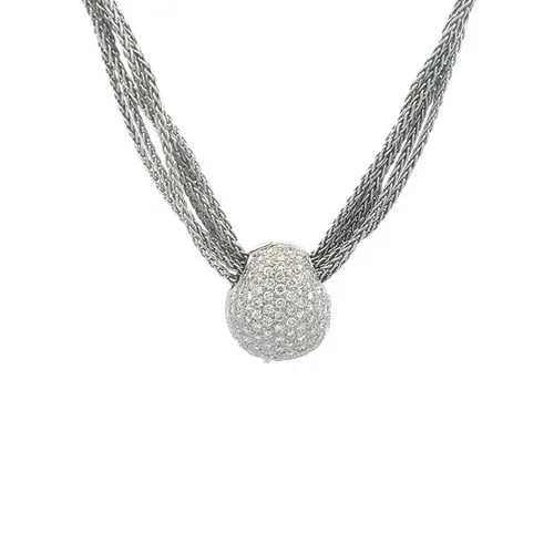 ZYDO DIAMOND GOLD NECKLACE PAVE SET 18K WHITE MULTI-CHAIN SLIDE CHARM: ZYDO DIAMOND GOLD NECKLACE PAVE SET 18K WHITE MULTI-CHAIN SLIDE CHARM The Zydo Diamond Gold Necklace is a stunning piece of fine jewelry featuring an odd shape dome pendant which slide on the multi-ch