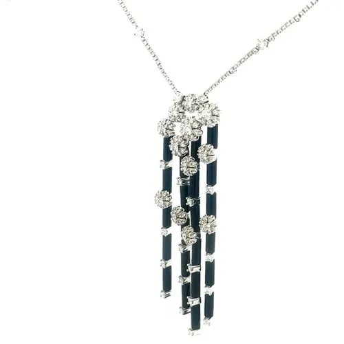 GEOVANNI FERRARIS DIAMOND GOLD NECKLACE 18K WHITE ONYX 4CT DANGLE PENDANT: GEOVANNI FERRARIS DIAMOND GOLD NECKLACE 18K WHITE ONYX 4CT DANGLE PENDANT This Geovanni Ferraris diamond gold necklace is a stunning piece of fine jewelry featuring 4 long black onyx bars dangling bel