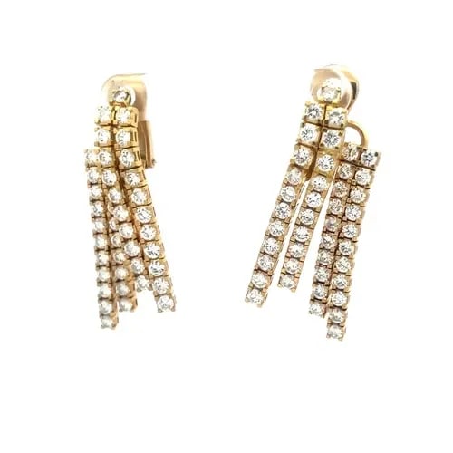 DIAMOND GOLD EARRINGS 5 CARATS 18K YELLOW VINTAGE DROP DANGLE: DIAMOND GOLD EARRINGS 5 CARATS 18K YELLOW VINTAGE DROP DANGLE This lovely vintage earrings are crafted from 18k yellow gold featuring four long strands cube style with prong set round cut diamonds, th
