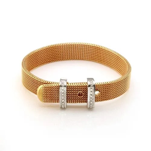 DIAMOND 18K GOLD 11MM WIDE MESH BELT BUCKLE BRACELET: DIAMOND 18K GOLD 11MM WIDE MESH BELT BUCKLE BRACELET Diamond 18k Gold 11mm Wide Mesh Belt Buckle Bracelet Description This elegant bracelet is crafted from 18k yellow and white gold, it features an 11