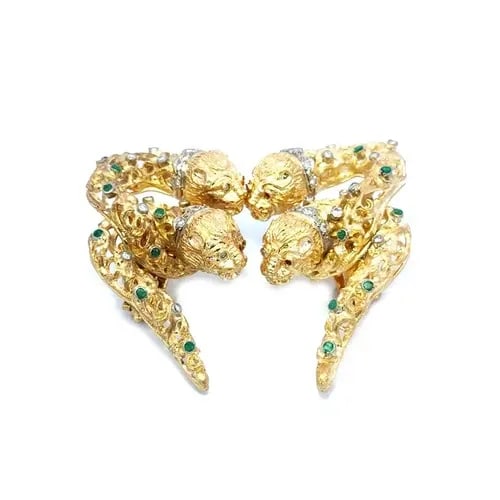 DIAMOND GOLD SEA OTTERS EARRINGS 18K YELLOW GEMS POST CLIP STYLE 40 GRAMS: These adorable 18k yellow earrings features double Sea Otters in a playful position cuddling together with open style detail work accented with bezel set natural diamonds and green gemstones. The uniq