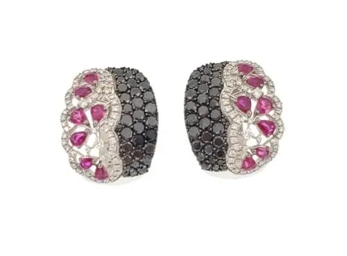 EARRINGS BLACK WHITE DIAMOND & GEMSTONES 18K GOLD FLORAL HUGGIE: EARRINGS BLACK WHITE DIAMOND & GEMSTONES 18K GOLD FLORAL HUGGIE These earrings feature a beautiful floral design with black and white diamonds and gemstones set in 18k gold. The huggie style makes the