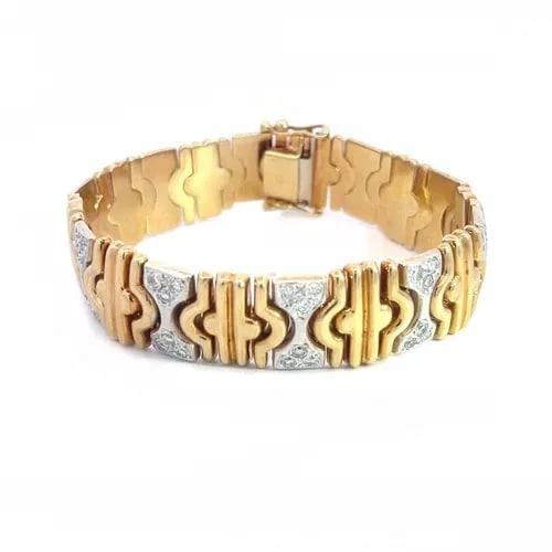 DIAMOND GOLD BRACELET 14K TWO TONE PARENTESI STYLE LINK: DIAMOND GOLD BRACELET 14K TWO TONE PARENTESI STYLE LINK This chic and fashionable bracelet is crafted from 14k yellow and white gold, it is 14mm wide and features the parentesi style links with