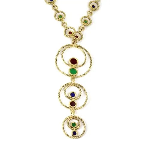 VINTAGE 18K YELLOW GOLD MULTICOLOR ENAMEL FANCY CIRCLE LINK LARIAT NECKLACE (1 of 2)