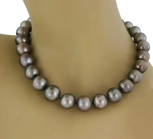 NECKLACE TAHITIAN PEARL GRADUATED GOLD DIAMOND CLASP SINGLE STRAND 10-15MM (1 of 2)