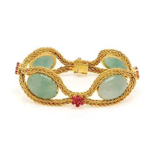 RUBY JADE GOLD BRACELET 18K YELLOW FLORAL FANCY WOVEN CHAIN: Beautiful Ruby Jade 18k YGold Fancy Woven Chain Floral Bracelet Description This is a beautiful soft flex link floral bracelet. It is crafted from 18k yellow gold featuring 4 open loops fashioned from