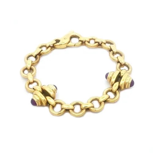 GOLD 18K CHAIN BRACELET YELLOW GEMSTONE MOTIFS ROUND LINK STYLE ITALY (1 of 2)