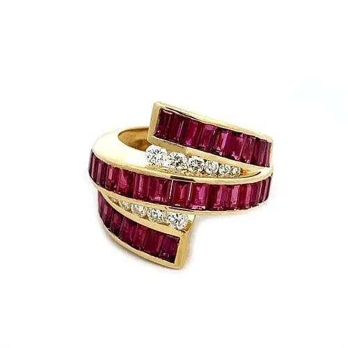 RUBY & DIAMOND 18K RING YELLOW GOLD WIDE IMPRESIVE 5 ROW BYPASS FAN BAND (1 of 2)