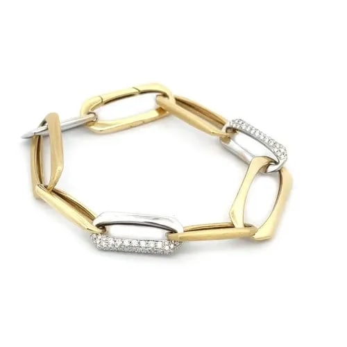 AFARIN PAVE DIAMOND BRACELET 18K GOLD OVAL CHAIN LINK 1.33CT: AFARIN PAVE DIAMOND BRACELET 18K GOLD OVAL CHAIN LINK 1.33CT This elegant designer's bracelet is by Afarin, it is crafted from 18k yellow and white gold featuring small and large fancy open rectangle 