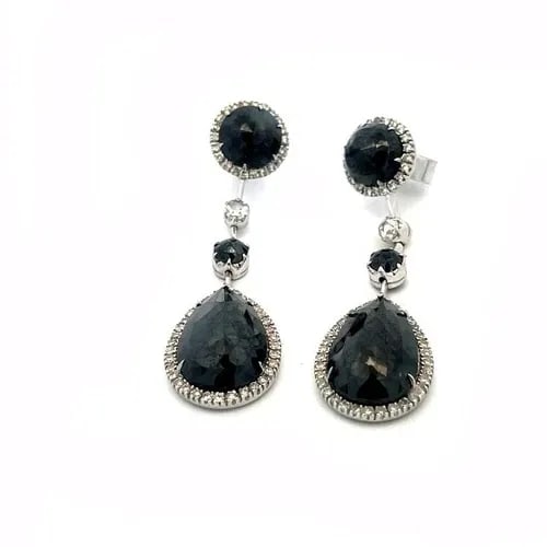 DIAMOND HEMATITE 18K GOLD EARRINGS DROP DANGLE WHITE HALO STYLE (1 of 2)