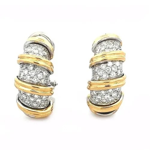 ROBERTO COIN NABUCCO HOOP EARRINGS DIAMOND 18K GOLD TWO TONE: ROBERTO COIN NABUCCO HOOP EARRINGS DIAMOND 18K GOLD TWO TONE Elegant and authentic from the Nabucco Collection by Roberto Coin, these earrings are crafted from 18k yellow and white gold featuring a ha