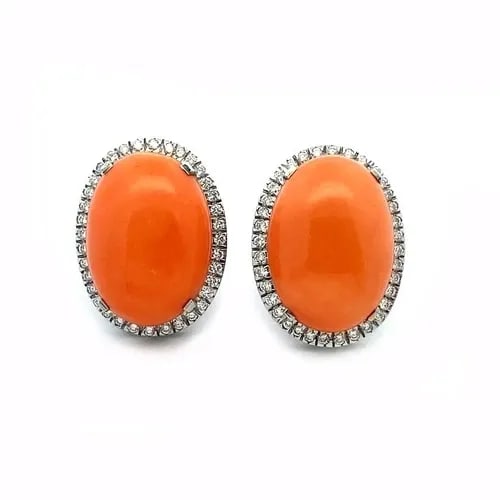 CORAL DIAMOND GOLD EARRINGS 1.5CT WHITE OVAL HALLO POST CLIP STYLE: CORAL DIAMOND GOLD EARRINGS 1.5CT WHITE OVAL HALLO POST CLIP STYLE These sophisticated pair of earrings are crafted from 18k white gold with over an inch long oval shape frame with bezel set diamond h