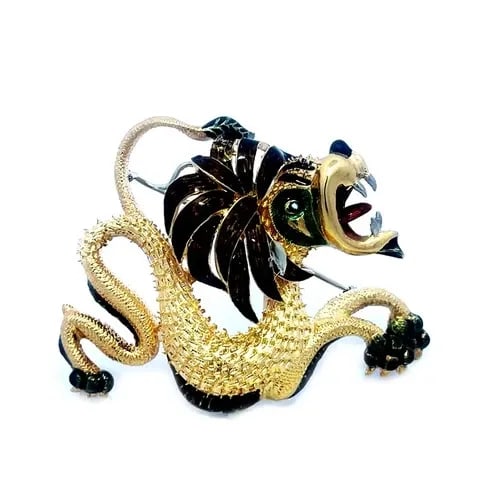 TOLIRO ENAMEL GOLD DRAGON BROOCH 18K YELLOW MULTICOLOR 3D STYLE ITALY (1 of 2)