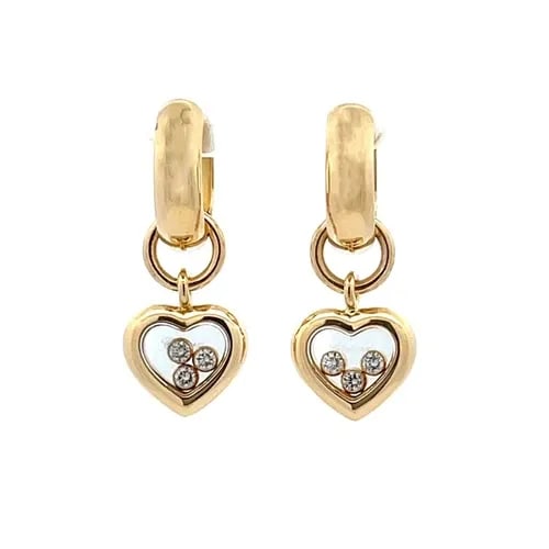 CHOPARD HAPPY DIAMOND 18K YELLOW GOLD DANGLE HEARTS EARRINGS: CHOPARD HAPPY DIAMOND 18K YELLOW GOLD DANGLE HEARTS EARRINGS From the Happy Diamond Collection by Chopard, these beautiful dangle earrings are crafted from 18k yellow gold featuring a small hoop top w