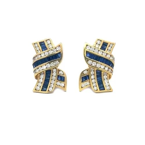 70455 CHARLES KRYPELL SAPPHIRE GOLD EARRINGS DIAMOND 18K YELLOW RIBBON STYLE (1 of 2)