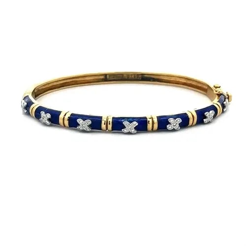 DIAMOND BLUE ENAMEL GOLD BANGLE 18K TWO TONE X STYLE OVAL SHAPE (1 of 2)