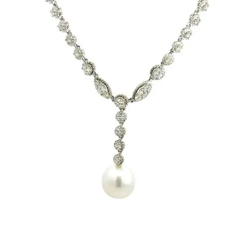 DIAMOND GOLD LARIAT NECKLACE PEARL PENDANT 18K WHITE FANCY PRONG SET CHAIN: This is a gorgeous 18k white gold lariat necklace, it is a stunning piece of fine jewelry featuring assorted shape and size links with milgrain border, each with a prong set diamond, the marquise link