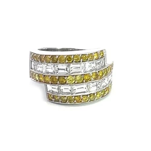 DIAMOND GOLD BYPASS RING YELLOW & WHITE 18K 5 ROW DESIGN BAND: DIAMOND GOLD BYPASS RING YELLOW & WHITE 18K 5 ROW DESIGN BAND This is a gorgeous band ring; it is crafted from 18k white gold with a polished finish. The front half of the band has a bypass style with